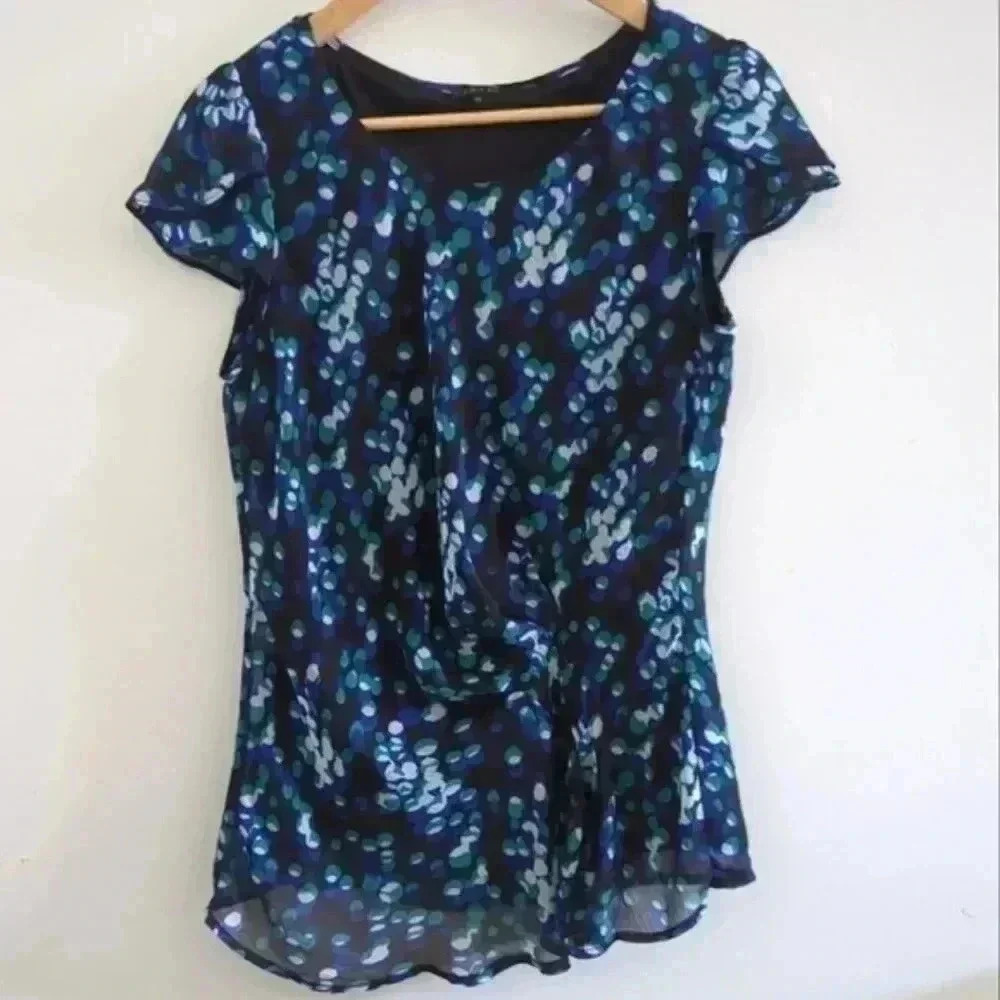 ISPIRI | Women's Black/Teal/Blue Dotted Short Sleeve Front  Ruched Blouse